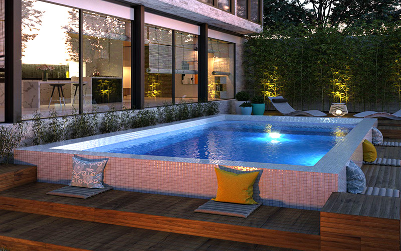 piscina elevada de obra con gresite y tarima de madera en casa moderna