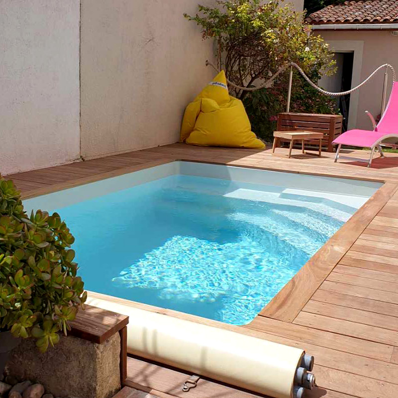 piscinas de poliester enterradas para terraza con tarima de madera