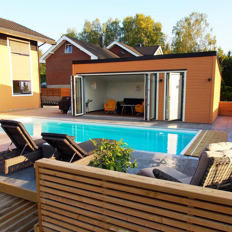 piscinas de poliester rectangulares con fibra de vidrio y suelo piscina de madera en Madrid