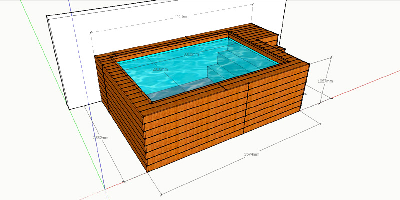 precio tarima de madera piscina elevada pequeña de poliester con fibra de vidrio 3x2 para terraza 3 laterales