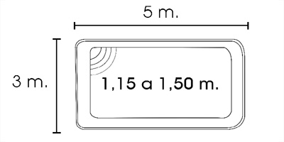 esquema vaso piscina de fibra y poliester rectangular 5x3 London5 con escalera lateral semicircular en forma de un cuarto de tarta