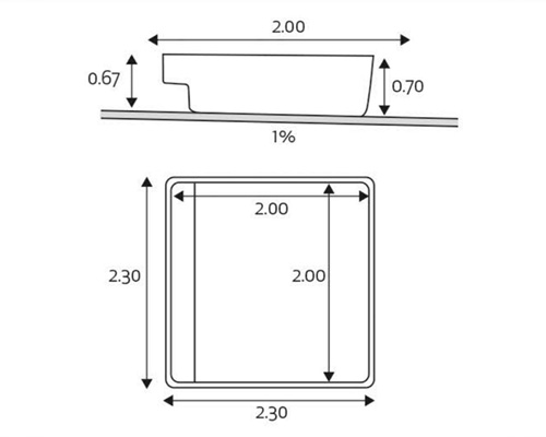 esquema medidas profundidad y tamaño mini piscina 2x2 de fibra Lolita para atico