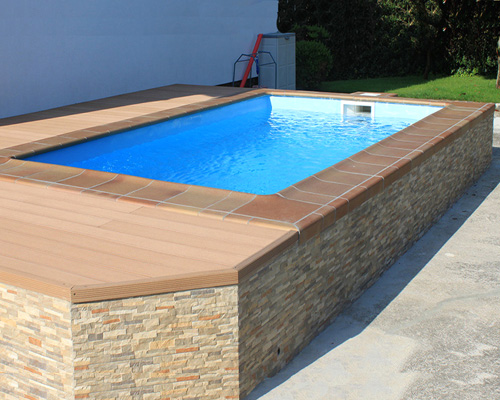 mini piscina elevada de fibra de vidrio rectangular con escalera semicirculares de poliester y resina moderna Sara