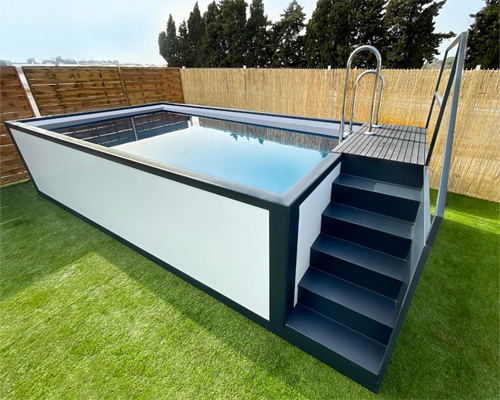 piscina economica prefabricada fija de acero autoportante rectangular y con tarima para terraza iron100