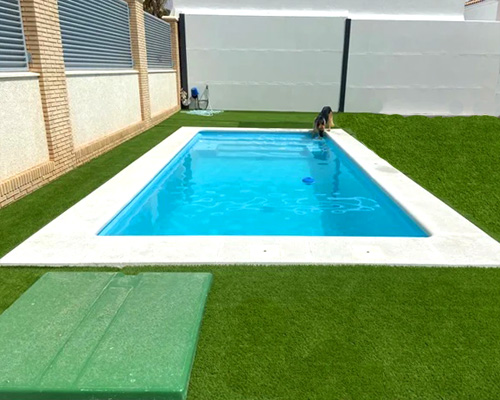 piscina de fibra grande y azul de 6 metros con instalación en jardin de casa moderna con perro Amistad