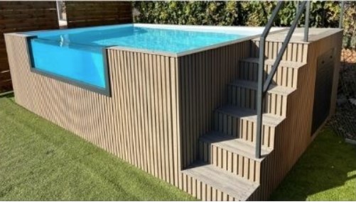 tamaño y altura piscina sobre el suelo de liner y acero con metacrilato y depuradora tipo piscina container con escaleras