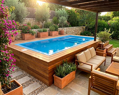 piscina poliester y fibra de vidrio Santorini rectangular moderna para comprar con tarima de mardera