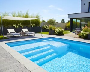 detalle piscina de fibra tipo playa Tamariu con cama de agua de poliester incorporada