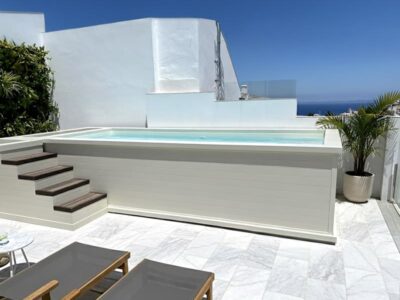 Piscina 6x2 larga y estrecha de aluminio para terraza de atico en color blanco