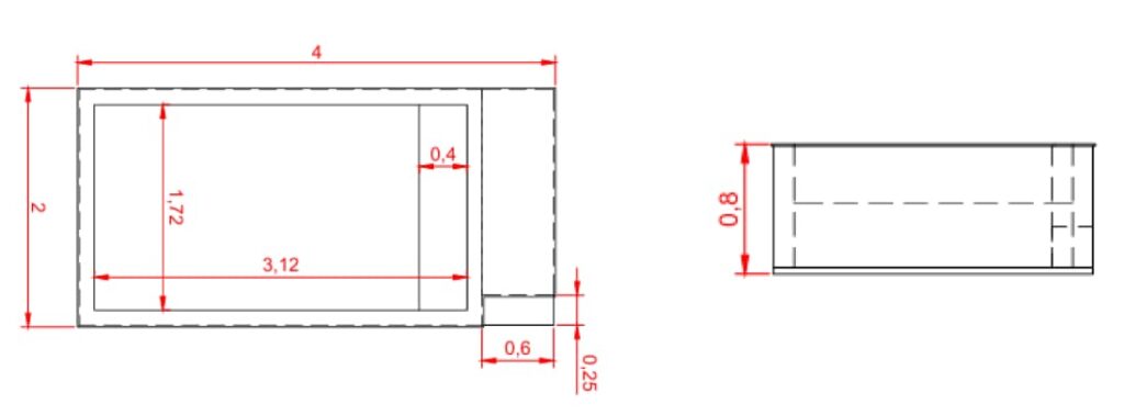 medidas de plano y alzado piscina minipool 4x2 para atico
