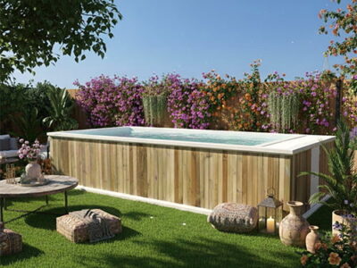 piscina alta 6x2 de madera alargada y estrecha