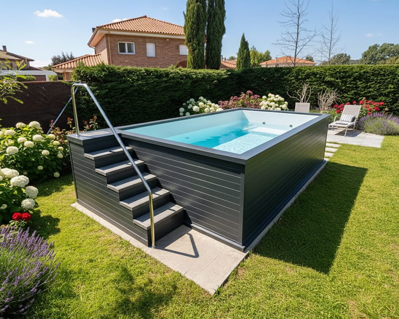 Piscina elevada 5x3 para terraza de aluminio con escalera modular y barandilla
