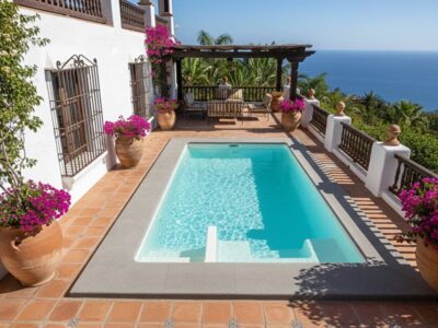 piscina 4x2 de fibra con banco y escalera poliester Matilda40 enterrada