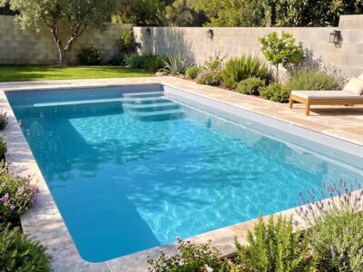 Piscina de fibra con banco y escaleras Cielo7 color gris