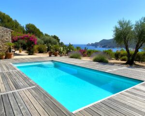 Piscina grande poliester 9x4 Cielo9 con banco y escalera